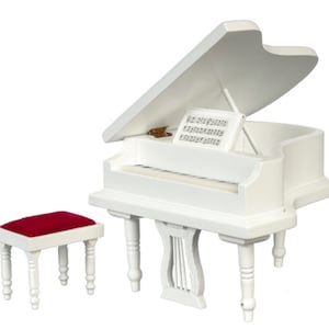 Dolls House White Grand Piano &amp; Bench Stool Miniature Music Room Furniture