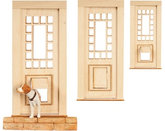 Casa de muñecas Puerta trasera con solapa de mascota 2 Panel 17 Cristales de ventana de madera escala 1:12