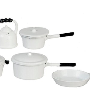 Dolls House White Metal Saucepan Pan Set &amp; Kettle Miniature Kitchen Accessory
