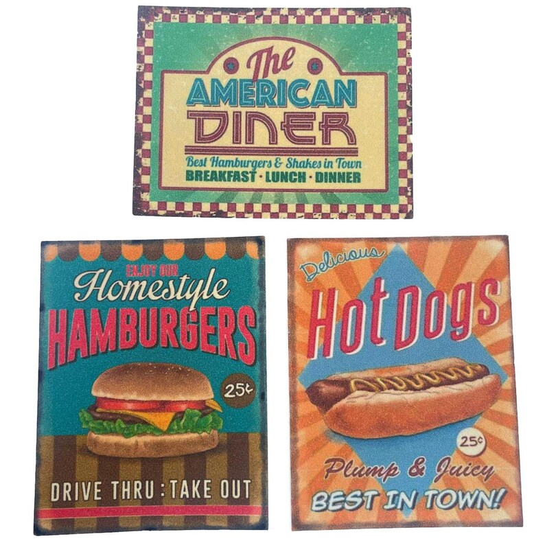 25p Sign Dolls House Set of 3 Retro Poster Signs Miniature Diner Café Accessory ...