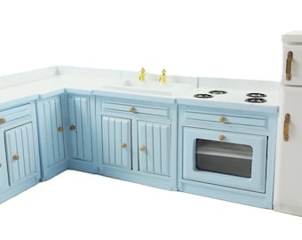 Dolls House Pale Blue Fitted Kitchen Furniture Set Miniature Units & Appliances