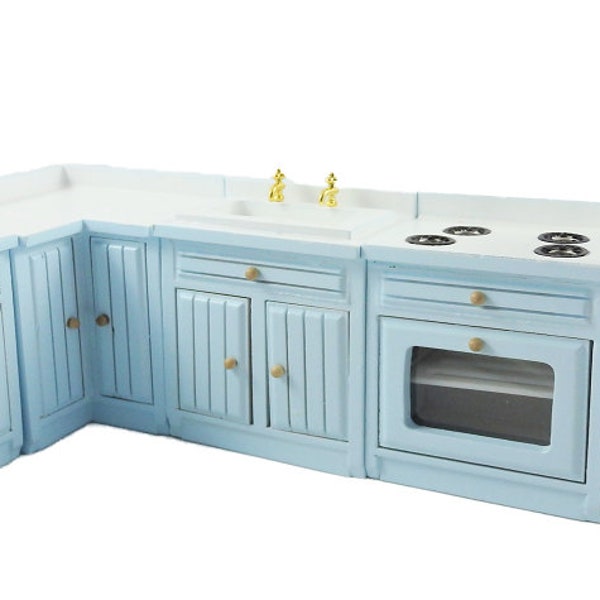 Dolls House Pale Blue Fitted Kitchen Furniture Set Miniature Units & Appliances