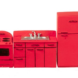 Dolls House Red 1950&#39;s Kitchen Furniture Set 1:24 Half Inch Scale