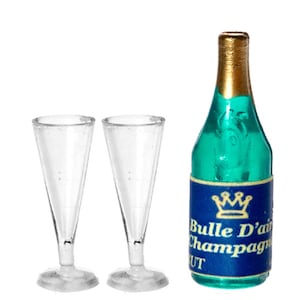 Dolls House Champagne Bottle &amp; 2 Flutes Miniature Bar Pub Dining Room Accessory