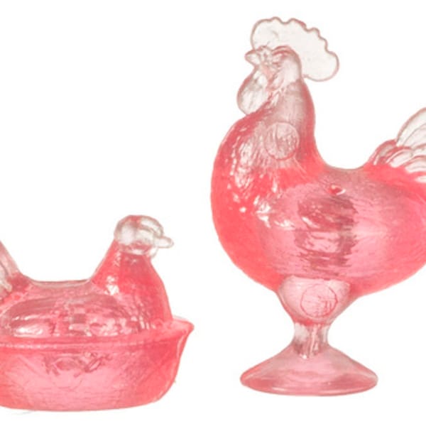 Dolls House Pink Rooster & Nesting Hen Chrysnbon Ornaments