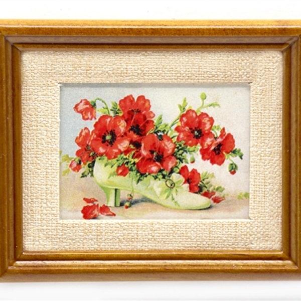 Dolls House Shoe of Poppies Picture in Walnut Frame Red Flowers Painting 1:12