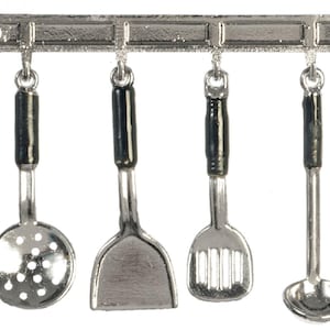 Dolls House Silver Hanging Utensils and Rack Miniature Kitchen Accessory 1:12