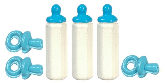 Dolls House Set Baby's Bottles Pacifier Dummies Blue 1:12