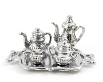 Dolls House Silver Tea Set Victorian Dining Sitting Room Accessory 1:12 Scale