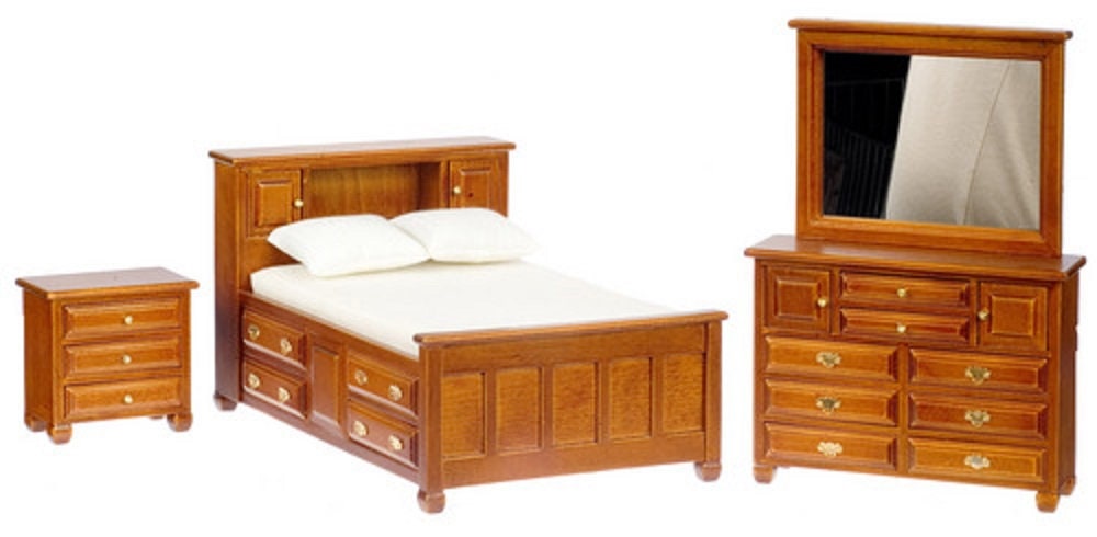 Dolls House Walnut Double Bedroom Furniture Set With Storage Drawers
