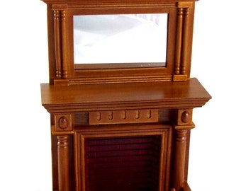 Dolls House Miniature 1:12 Furniture Wooden Walnut Fireplace with Mantle Mirror