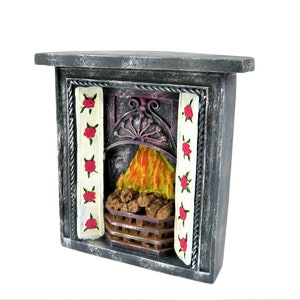 Dolls House Pink Flower Tile Cast Iron Fireplace Flaming 1:12 Resin Furniture