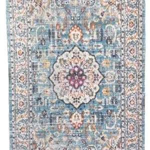 Dolls House Blue Vintage Kashan Area Rug Living Room Accessory Printed Card
