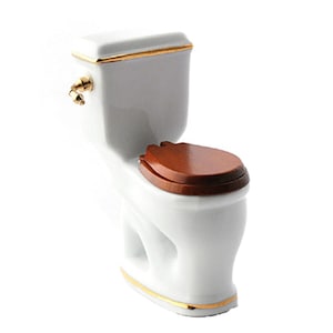 Dolls House White &amp; Gold Porcelain Toilet Reutter Miniature Bathroom Furniture