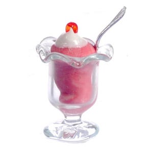 Dolls House Miniature Dining Accessory Strawberry Ice Cream Sundae Fluted Dish