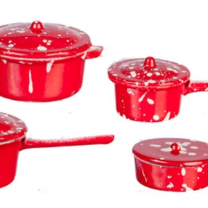 Dolls House Red Spotted Saucepan Pan Set Miniature Metal Kitchen