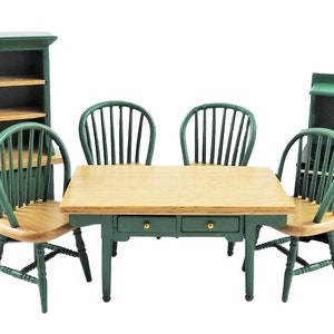 Dolls House Hunter Green Kitchen Dining Furniture Set Wooden 1:12 Scale
