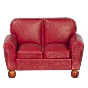 Dolls House RS Burgundy Leather 2 Seater Sofa Loveseat Living Room Furniture