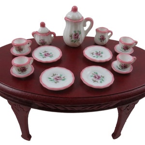 Dolls House Pink Floral Dinner Tea Set Porcelain Miniature Dining Accessory 1:12
