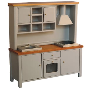 Dolls House Grey &amp; Pine Complete Modern Kitchen Unit with Sink Oven and Hob