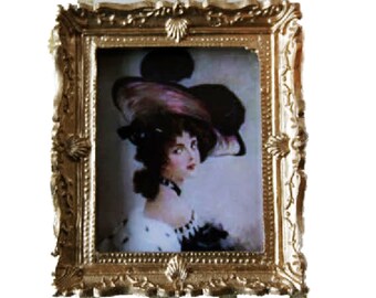 Dolls House Victorian Lady in Hat Painting Gold Frame Miniature Accessory