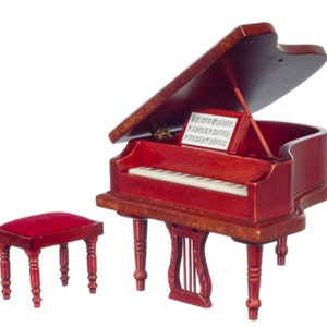 Dolls House Mahogany Baby Grand Piano &amp; Bench Miniature Music Room Furniture