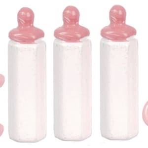 Dolls House Set Baby&#39;s Bottles &amp; Dummies in Pink Miniature Nursery Accessory
