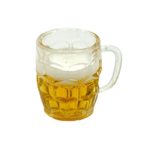 May include: A clear glass beer mug with a handle, filled with a golden yellow beer and a white head of foam.