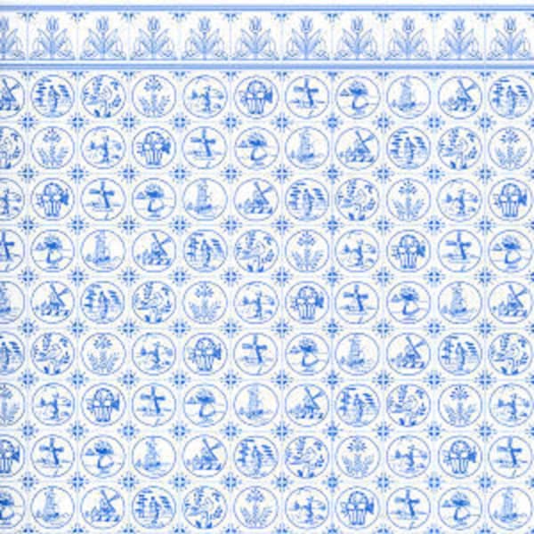 Dolls House Miniature Print Dutch Blue White Delft Tile Wallpaper