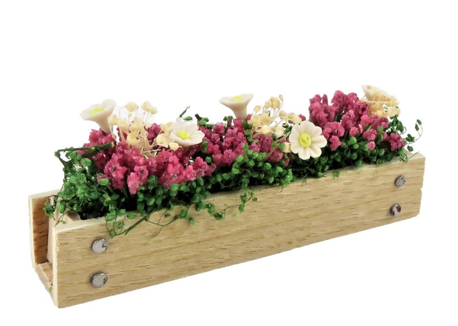 Dolls House Wooden Window Box with Pink & White Flowers Etsy