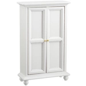 May include: White wooden cabinet with two doors and gold knobs. The cabinet has a simple design with raised panels on the doors.