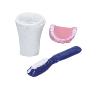 Dolls House False Teeth Mug Toothbrush Set Miniature Bathroom Bedroom Accessory