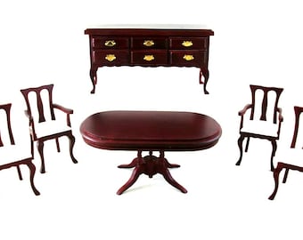 Dolls House Dining Furniture Set with Oval Pedestal Table Victorian Mahogany