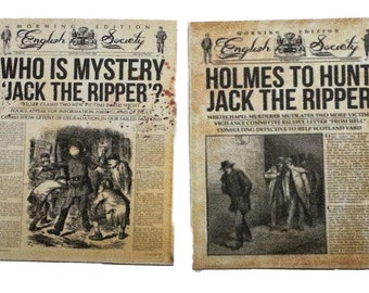 May include: Two vintage newspaper headlines about Jack the Ripper. The first headline reads "Who is Mystery 'Jack the Ripper'?" and the second headline reads "Holmes to Hunt Jack the Ripper".