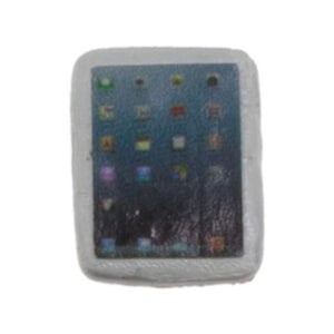 May include: A white tablet computer with a blue screen displaying various app icons.