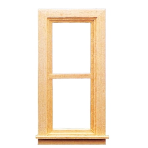 May include: A wooden window frame with a single pane of glass and a small ledge at the bottom.