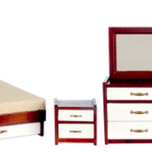 Dolls House Modern Mahogany White Double Bedroom Set Miniature Furniture 5 Piece