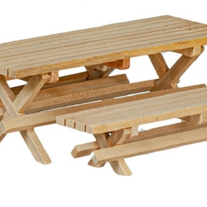 Dolls House Bare Wood Picnic Table and Bench Set Miniature Garden Furniture
