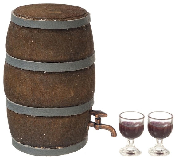 Casa delle bambole grande botte di vino e birra con rubinetto e bicchieri Accessorio da pub in miniatura - Italia