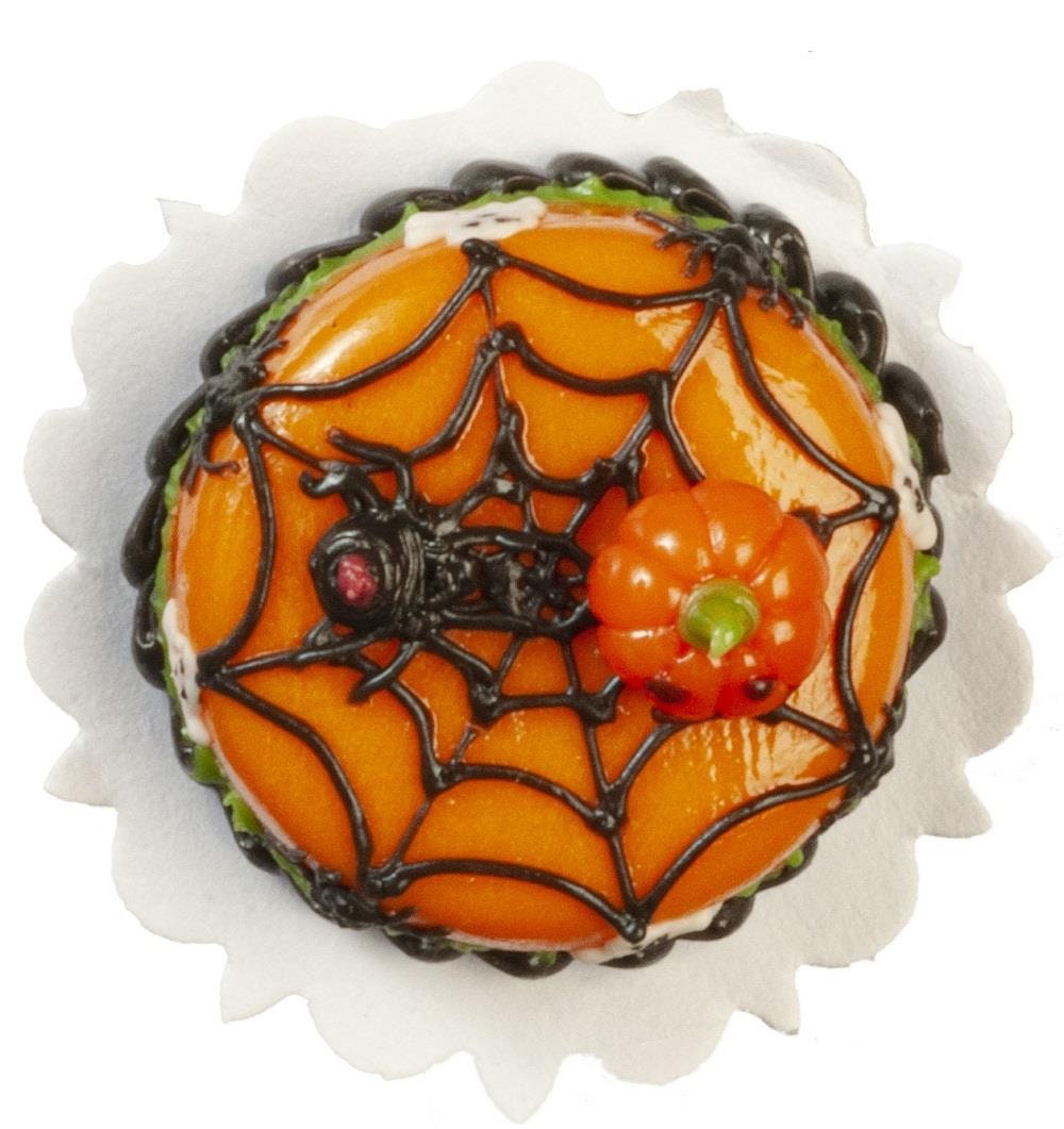Dolls House Orange Spiderweb Halloween Cake Celebration Shop Store Accessory