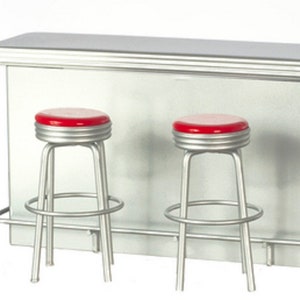 Dolls House Silver Breakfast Bar Counter &amp; Red Stools Cafe Kitchen Furniture