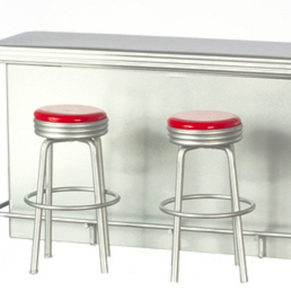 Dolls House Silver Breakfast Bar Counter & Red Stools Cafe Kitchen Furniture