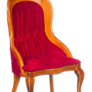 Dolls House Walnut &amp; Red Ladies Chair Armchair Victorian Living Room Furniture