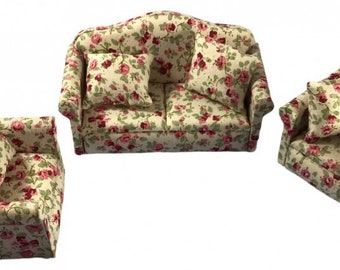Dolls House Chintz Cottage Soffa och 2 Fåtöljer 1:12 Vardagsrumsmöbelset