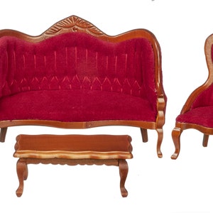 Dolls House Walnut &amp; Red Victorian Living Room Furniture 5 Pc Set Miniature 1:12