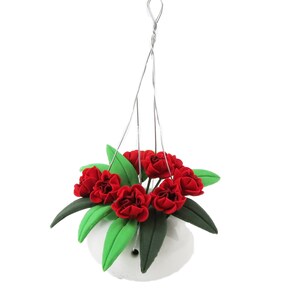 Dolls House Red Flowering Plant in White Hanging Basket Home or Garden Accessory