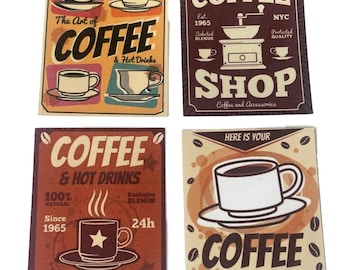 May include: Four vintage-style coffee shop signs with illustrations of coffee cups and coffee grinders. The signs feature the text "The Art of Coffee", "Traditional Coffee Shop", "Coffee & Hot Drinks", and "Here is Your Coffee Place".