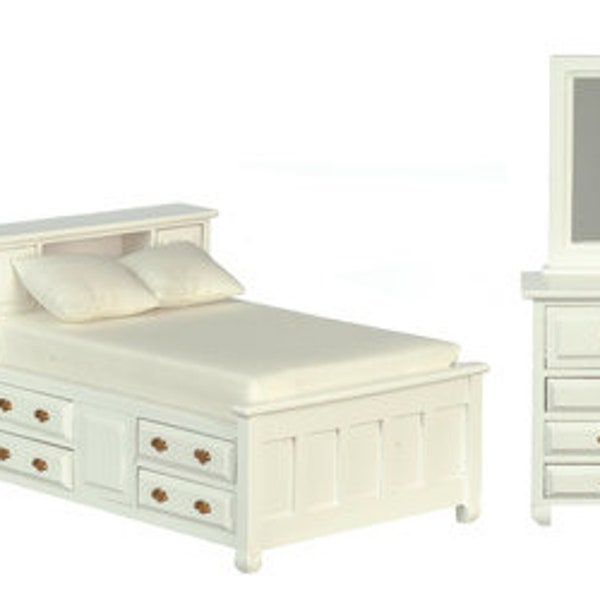 Dolls House White Double Bedroom Furniture Set avec tiroirs de rangement 1: 12 Échelle