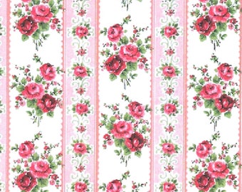 May include: A white background with pink stripes and a repeating pattern of pink roses with green leaves.
