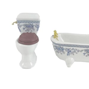 Dolls House Blue Floral Bathroom Suite Porcelain Miniature Furniture Set 1:12